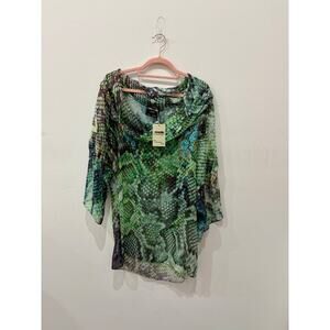 Vanita Rosa Semi Sheer Animal Print Off Shoulder Tunic Silk Top Green Womens M